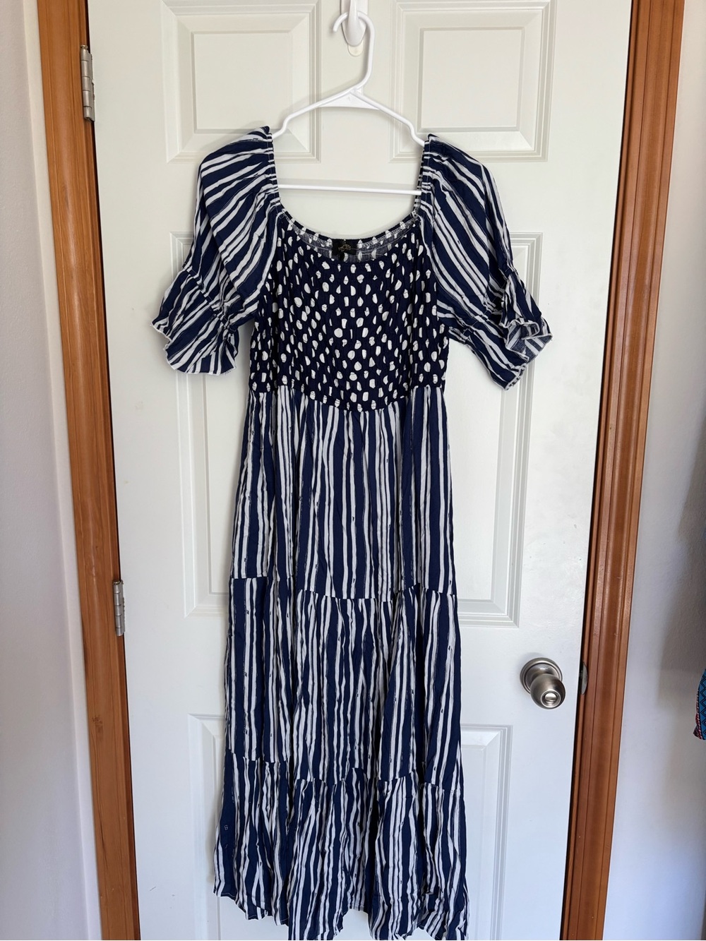 Suzanne Betro Navy and White stripe polka dot Square Neck smocked bodice dress
